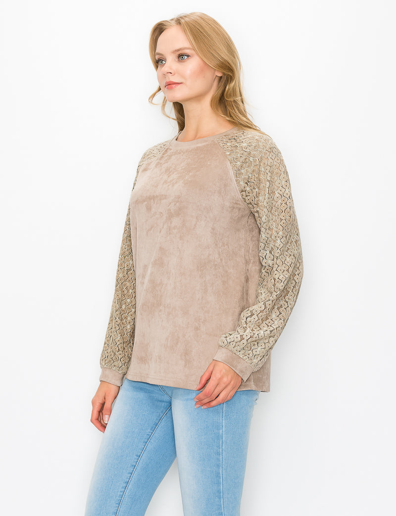 Alura Suede Top with Lace Sleeves