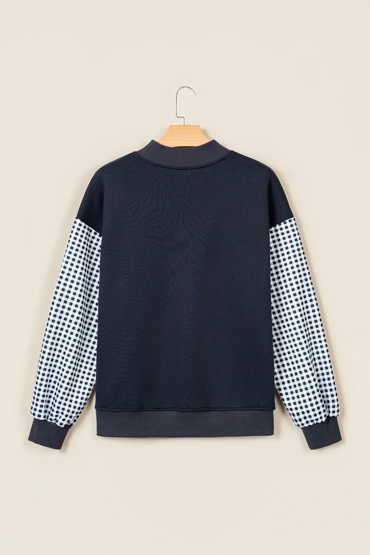Navy Gingham Sleeve Mock Neck Sweatshirt