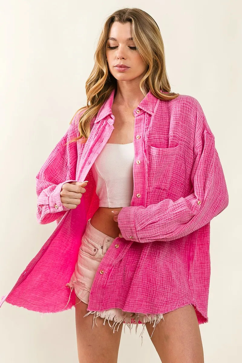 BiBi Raw Edge Detailed Mineral Washed Loose Fit Shirt in Fuchsia