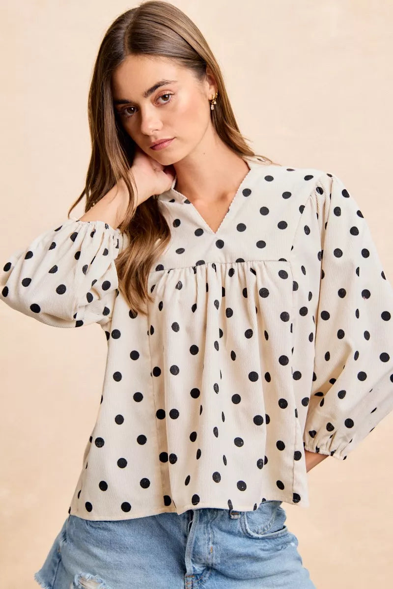 BiBi Polka Dot Corduroy Quarter Sleeves V Neck Blouse