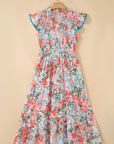 Floral Flutter Sleeve Smocked V-Neck Maxi Dress