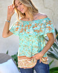 Davi & Dani Printed Off Shoulder Smocked Top