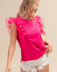 BiBi Pearl Decor Mesh Ruffle Sleeve Top