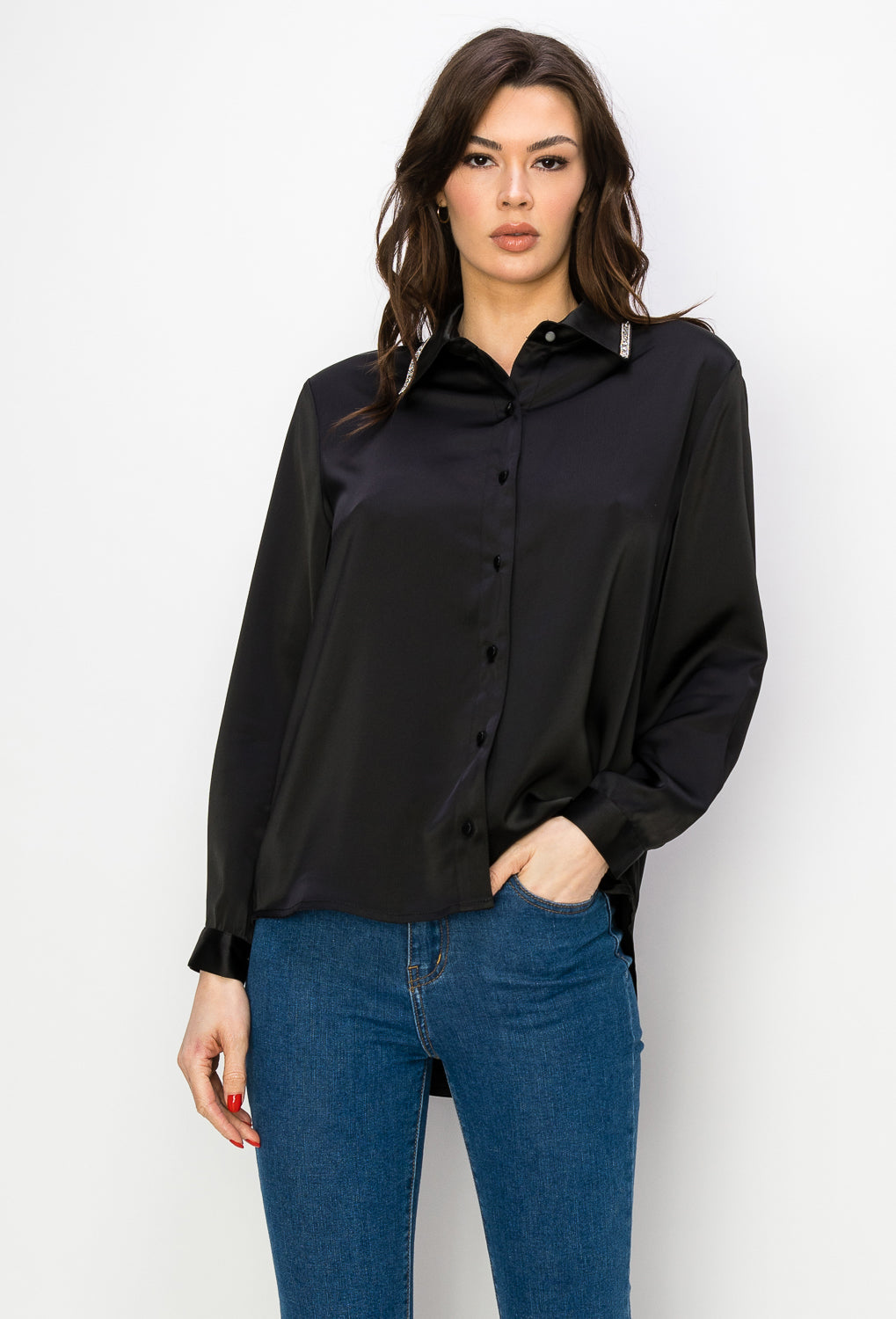 Wileene Satin Shirt with Diamond Trim