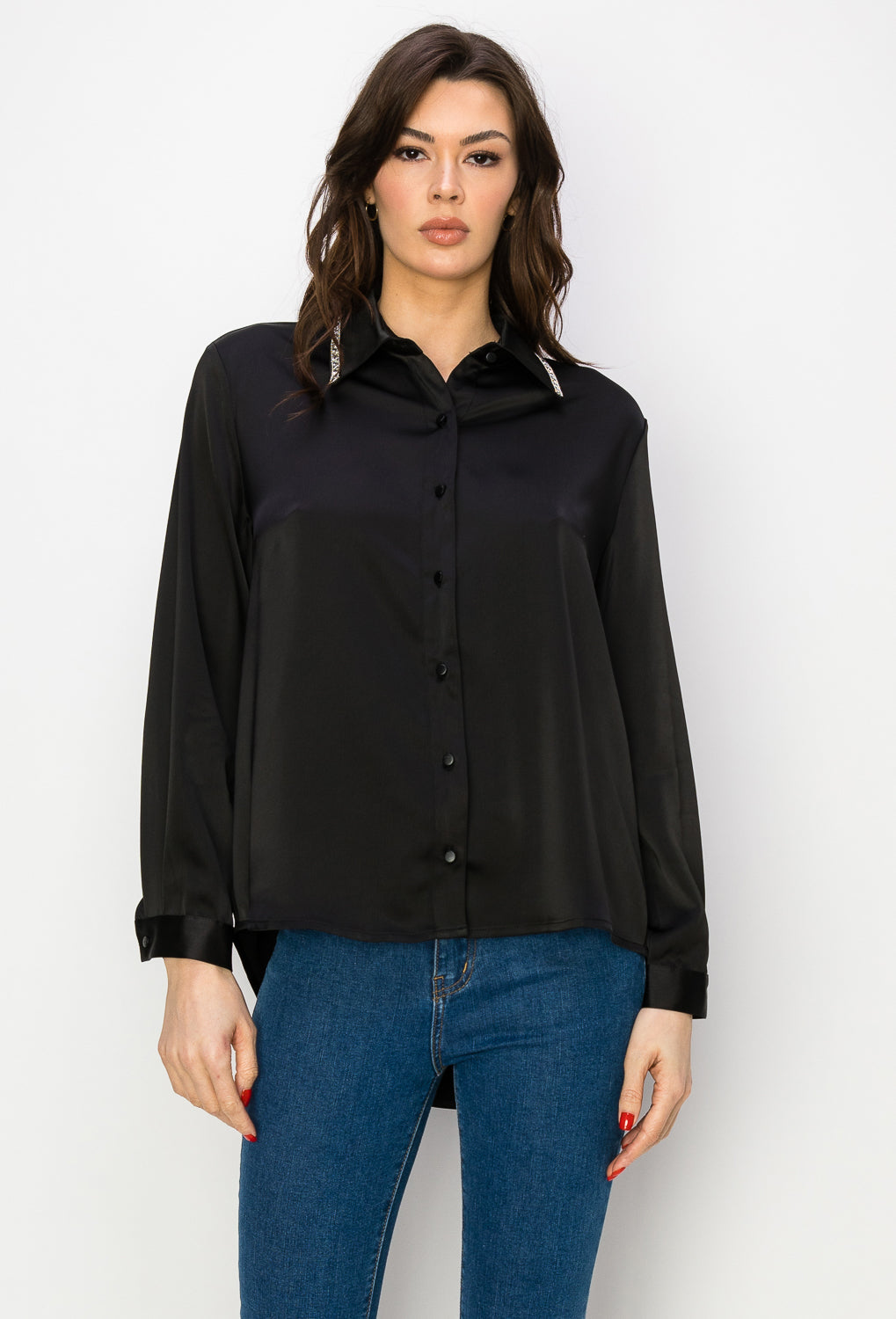 Wileene Satin Shirt with Diamond Trim