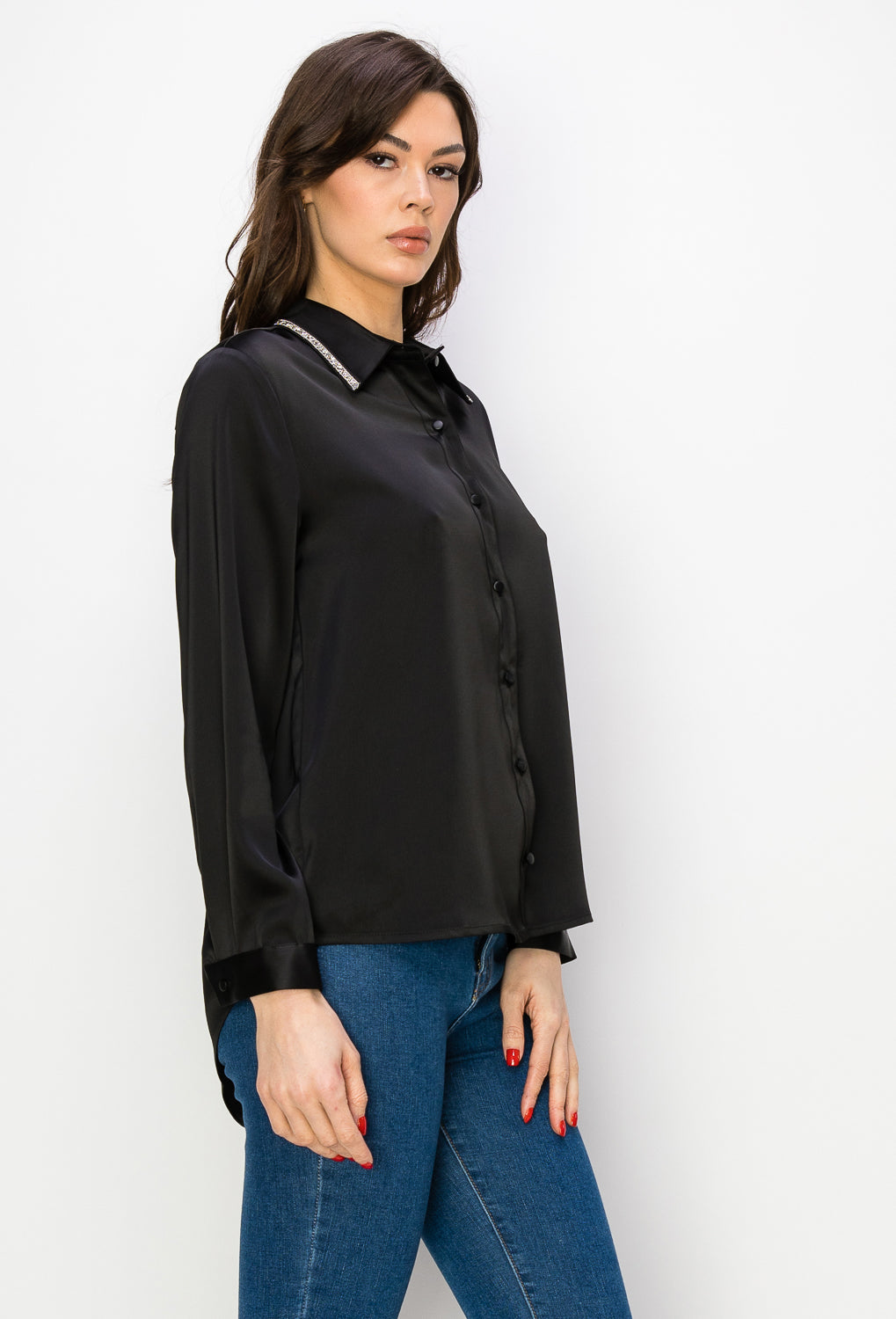 Wileene Satin Shirt with Diamond Trim