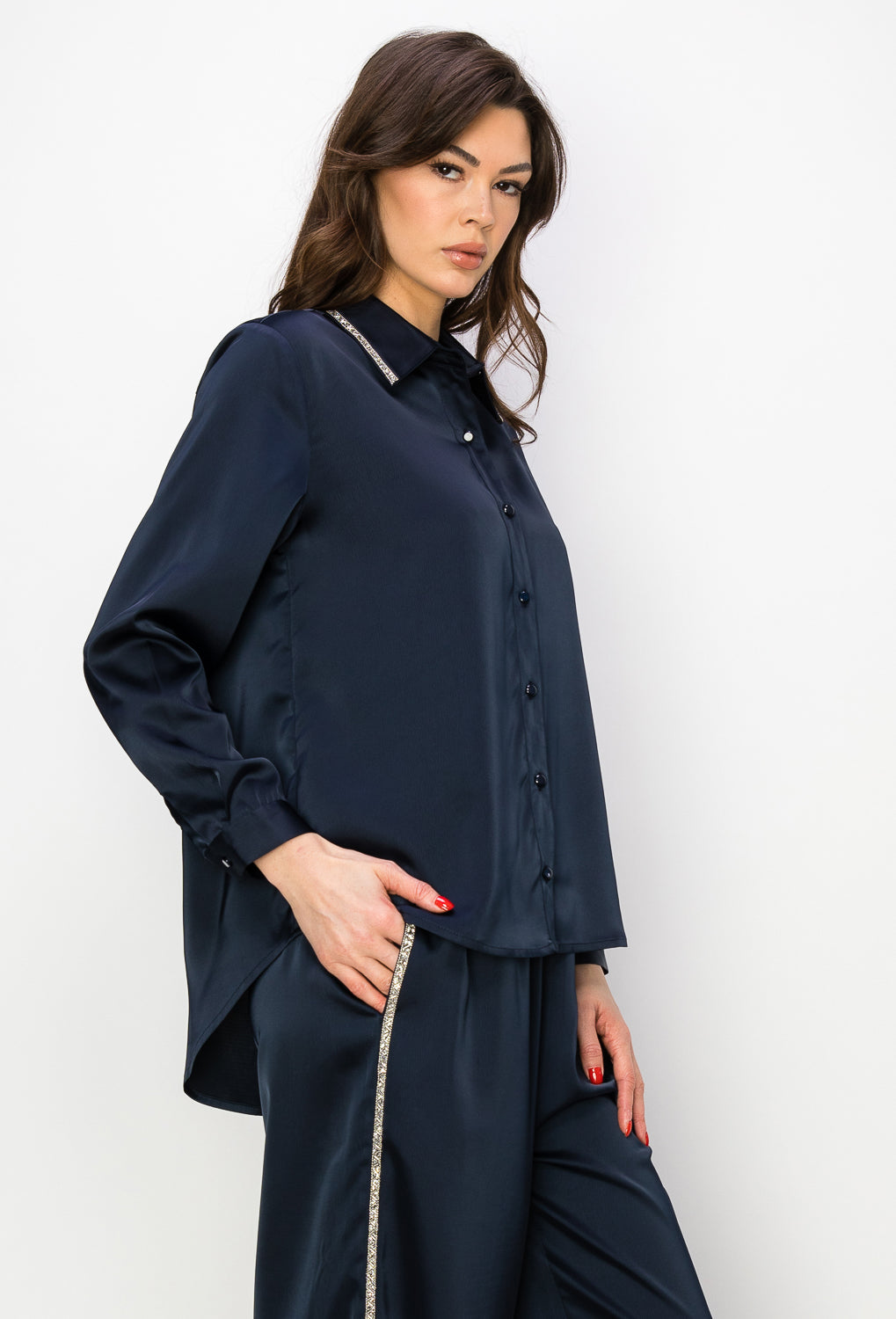 Wileene Satin Shirt with Diamond Trim