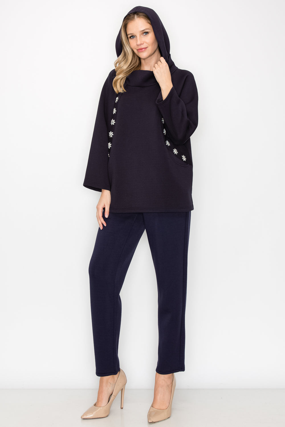 Frances Scuba Knit Hoodie Top with Diamond Studs