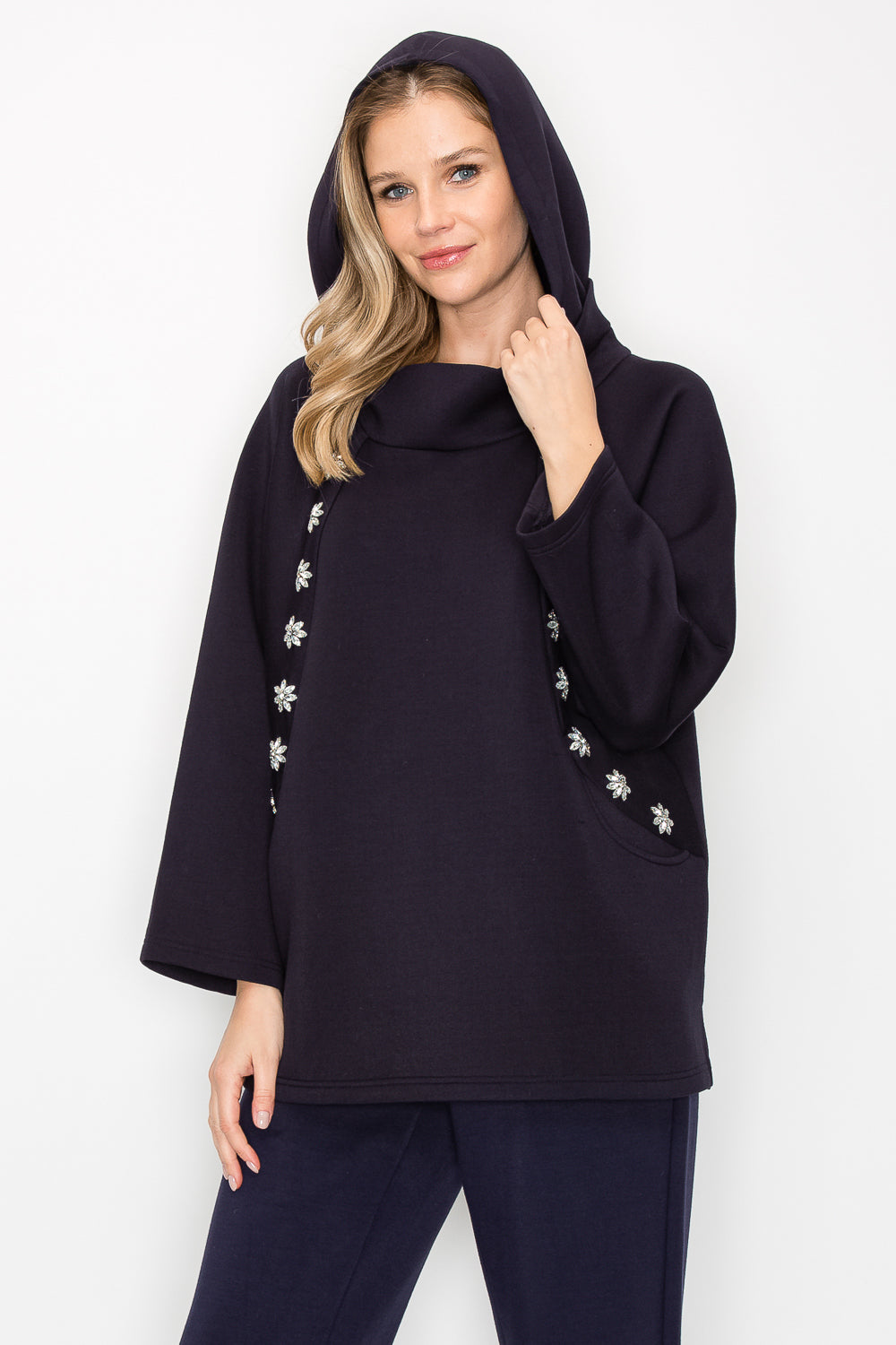 Frances Scuba Knit Hoodie Top with Diamond Studs