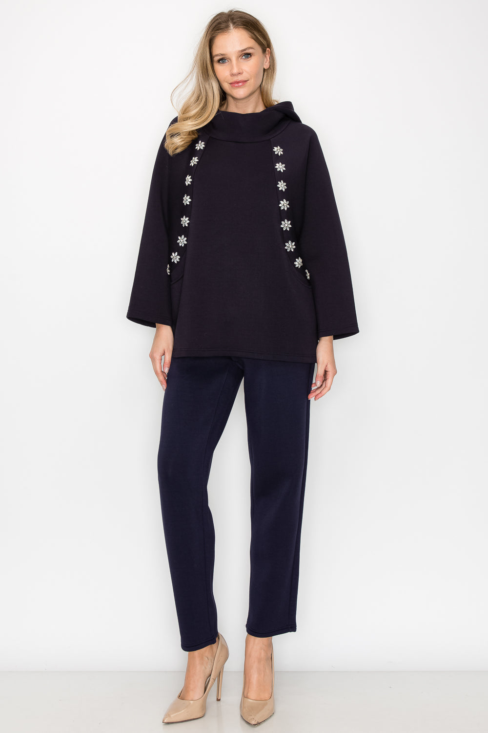 Frances Scuba Knit Hoodie Top with Diamond Studs