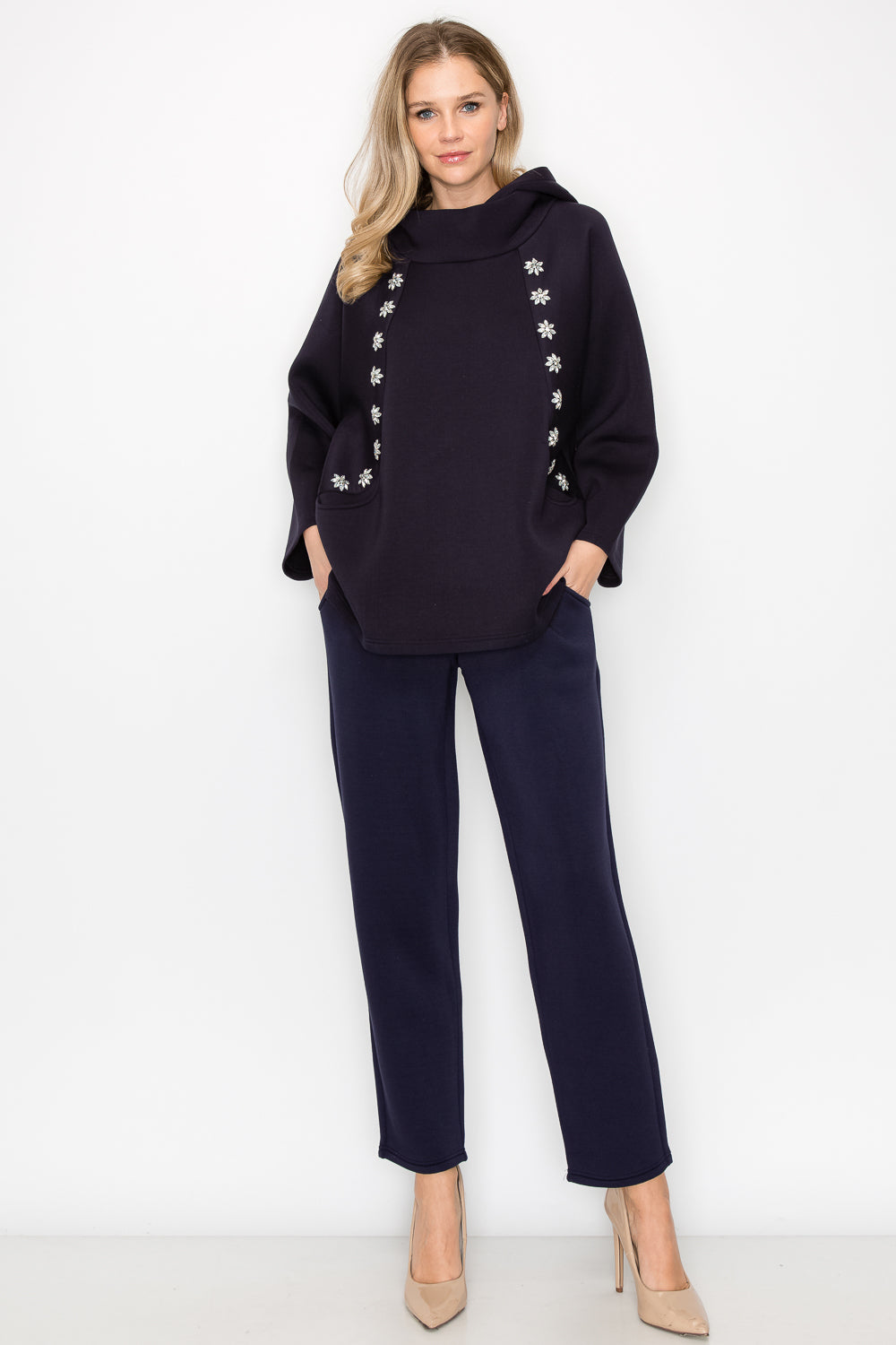 Frances Scuba Knit Hoodie Top with Diamond Studs