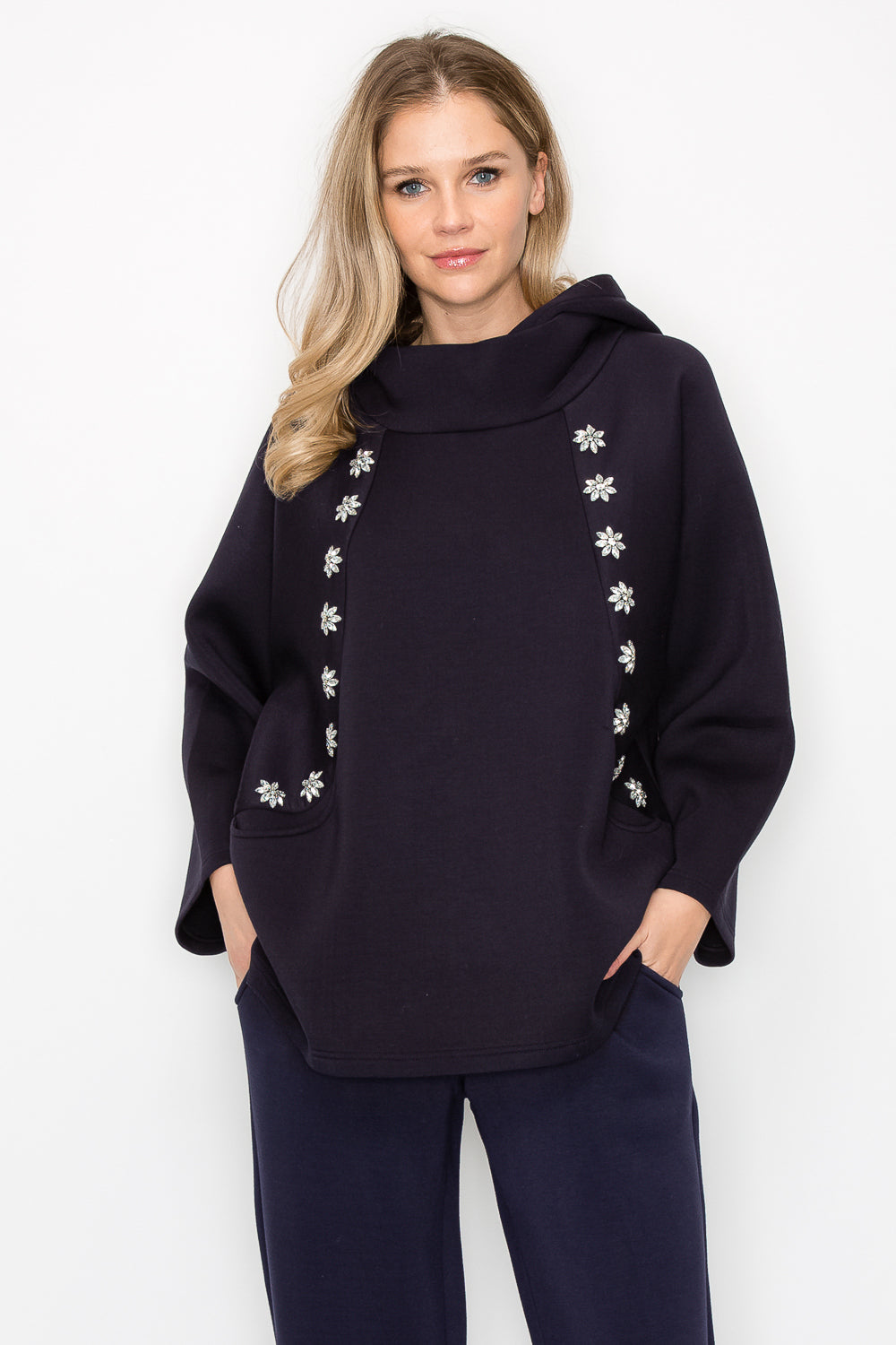 Frances Scuba Knit Hoodie Top with Diamond Studs