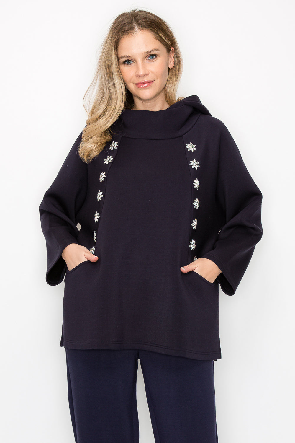 Frances Scuba Knit Hoodie Top with Diamond Studs