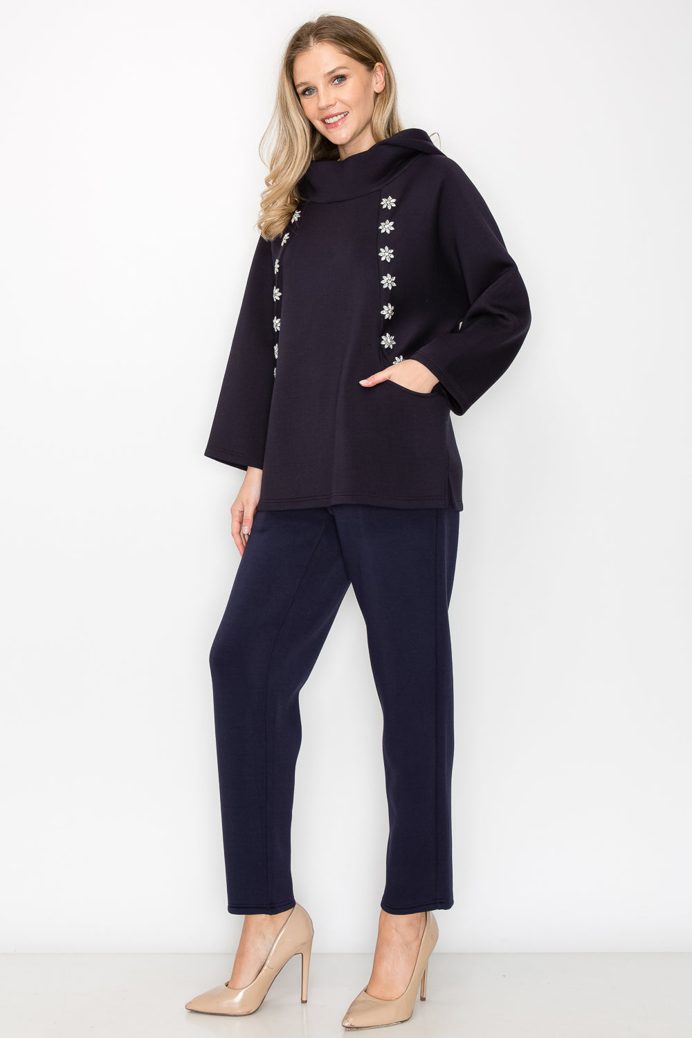 Frances Scuba Knit Hoodie Top with Diamond Studs