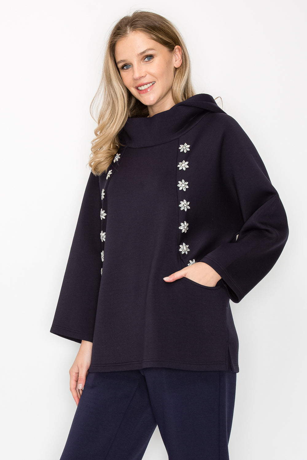 Frances Scuba Knit Hoodie Top with Diamond Studs