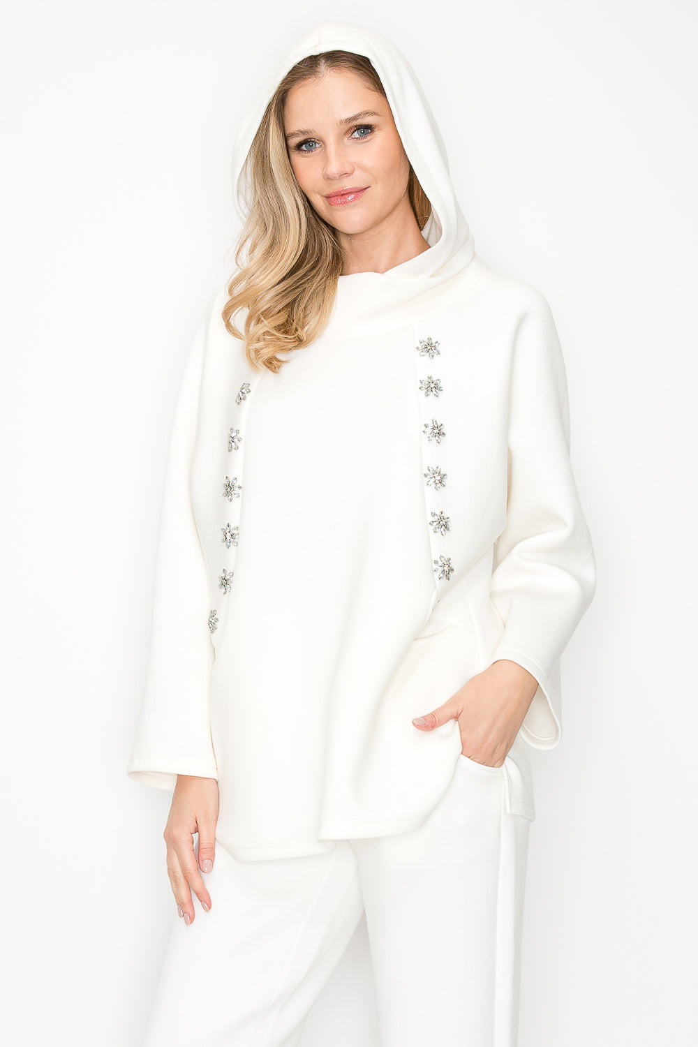Frances Scuba Knit Hoodie Top with Diamond Studs