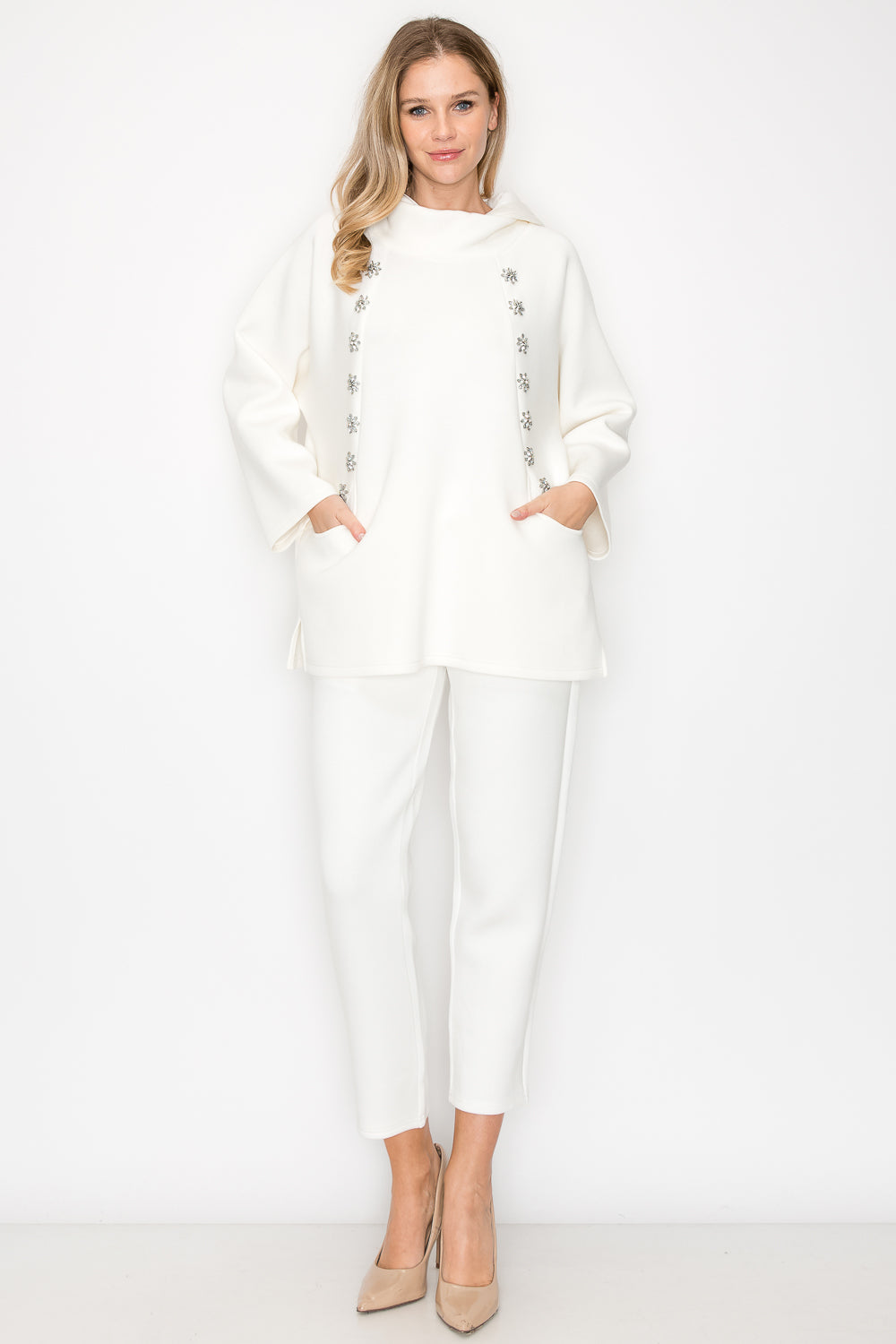 Frances Scuba Knit Hoodie Top with Diamond Studs