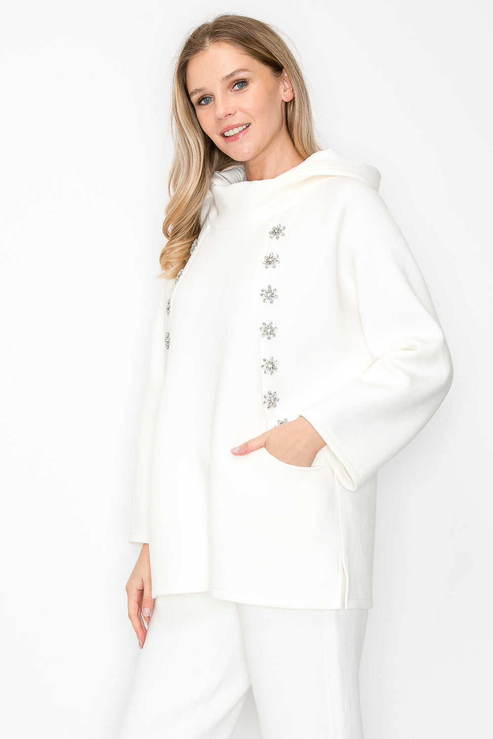 Frances Scuba Knit Hoodie Top with Diamond Studs