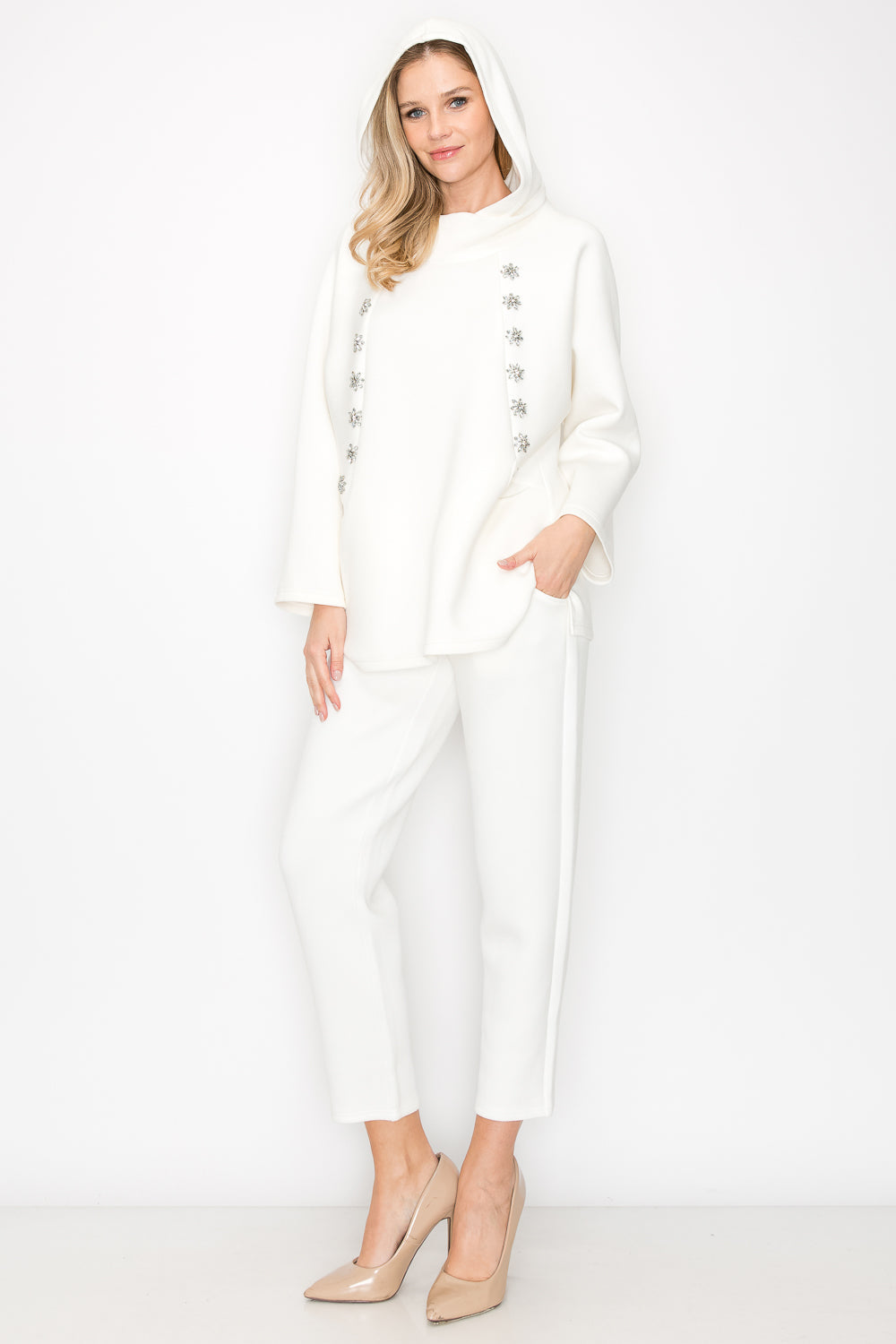 Frances Scuba Knit Hoodie Top with Diamond Studs