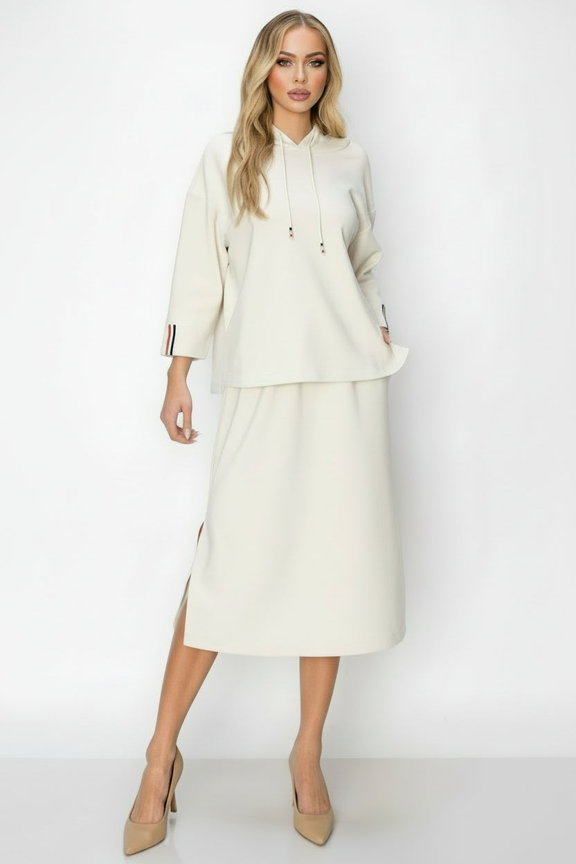 JOH |Khloe Knit Crepe Hoodie Top with Contrast Stripes