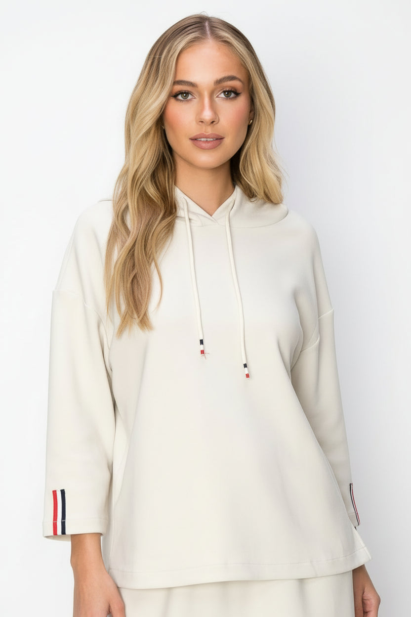 JOH |Khloe Knit Crepe Hoodie Top with Contrast Stripes
