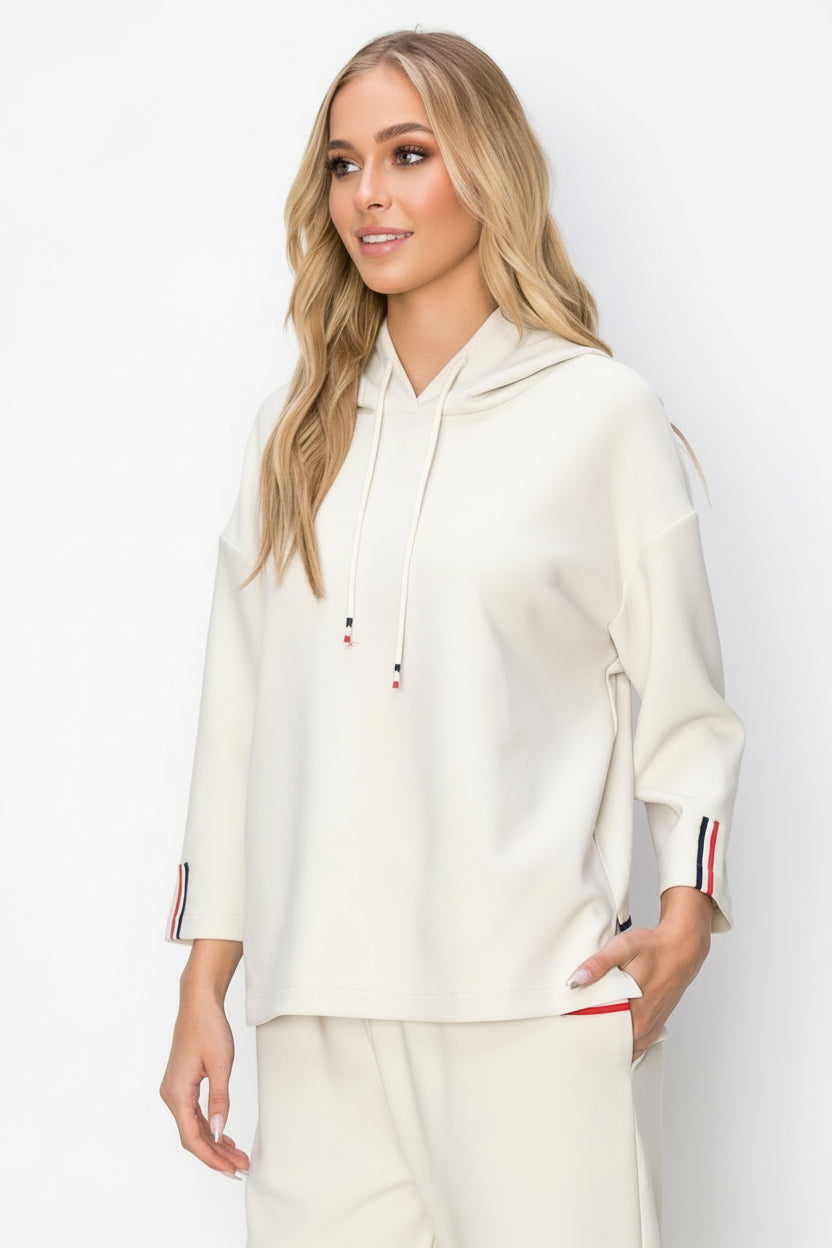JOH |Khloe Knit Crepe Hoodie Top with Contrast Stripes