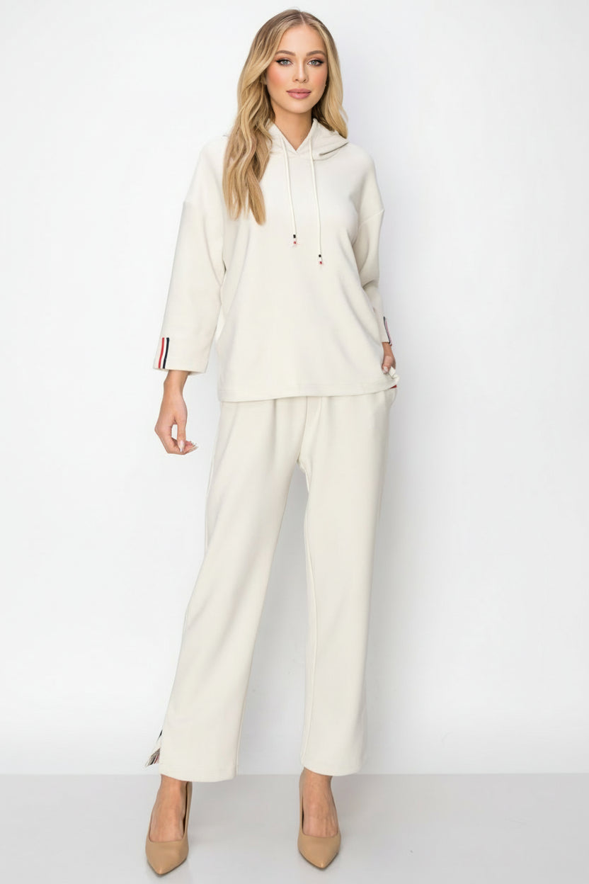 JOH |Khloe Knit Crepe Hoodie Top with Contrast Stripes