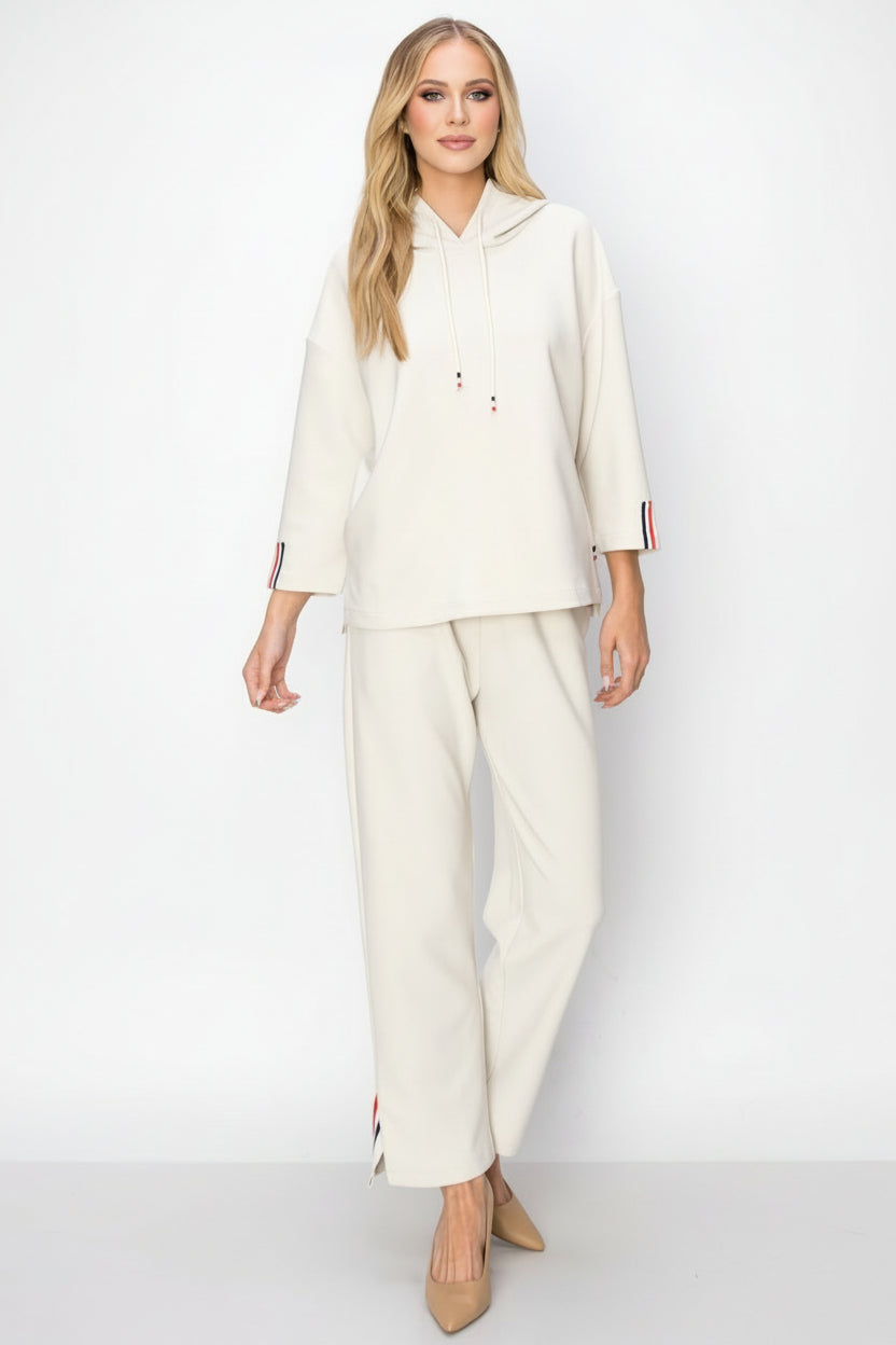 JOH |Khloe Knit Crepe Hoodie Top with Contrast Stripes