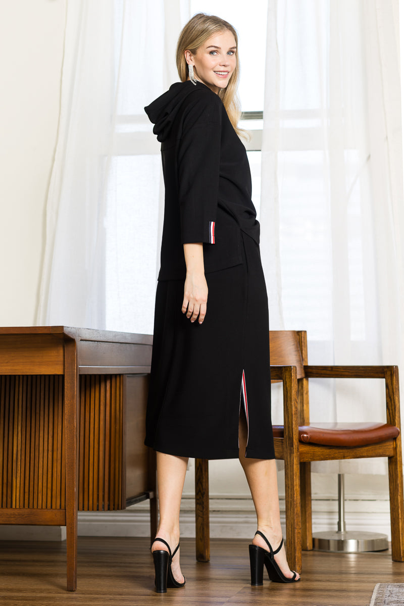 JOH |Khloe Knit Crepe Hoodie Top with Contrast Stripes