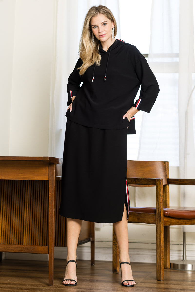 JOH |Khloe Knit Crepe Hoodie Top with Contrast Stripes