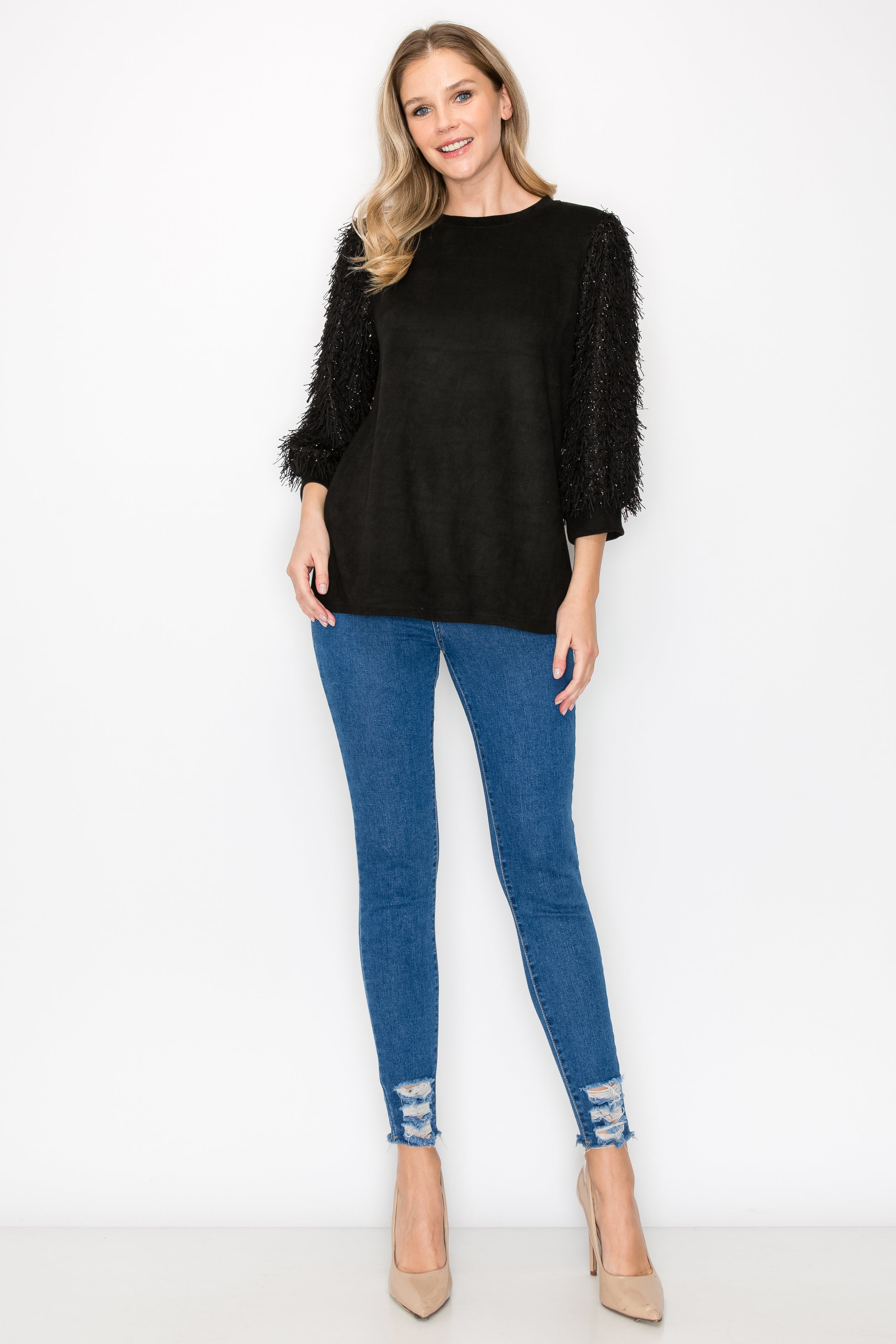 Abby Suede Top with Feathered Sleeves