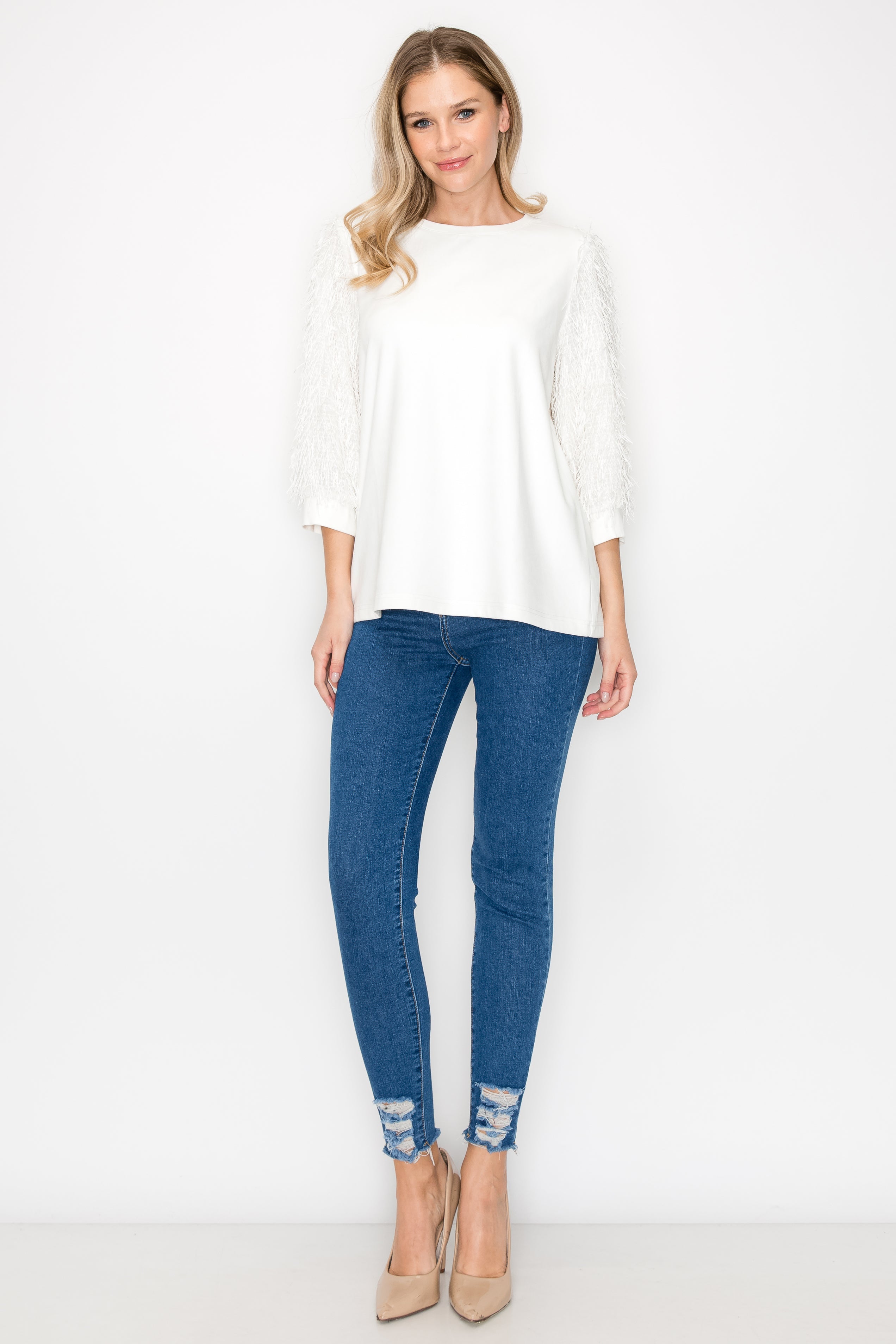 Abby Suede Top with Feathered Sleeves