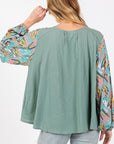 SAGE + FIG Ruched Round Neck Printed Bubble Sleeve Top