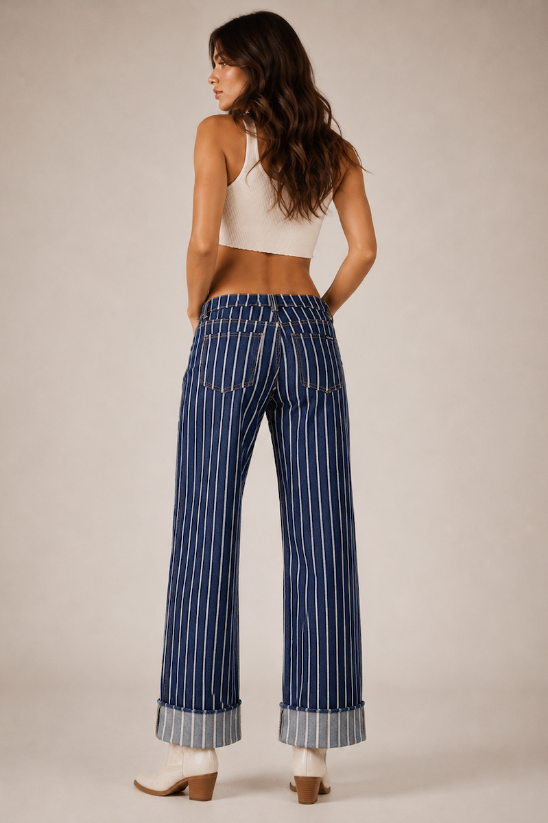 GJG Denim Star Chaser Low-Rise Pinstripe Wide-Leg Jeans