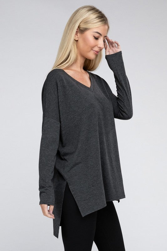 Zenana Dolman Long Sleeve V-Neck Side Slit Hi-Low Hem Top