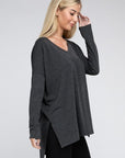 Zenana Dolman Long Sleeve V-Neck Side Slit Hi-Low Hem Top