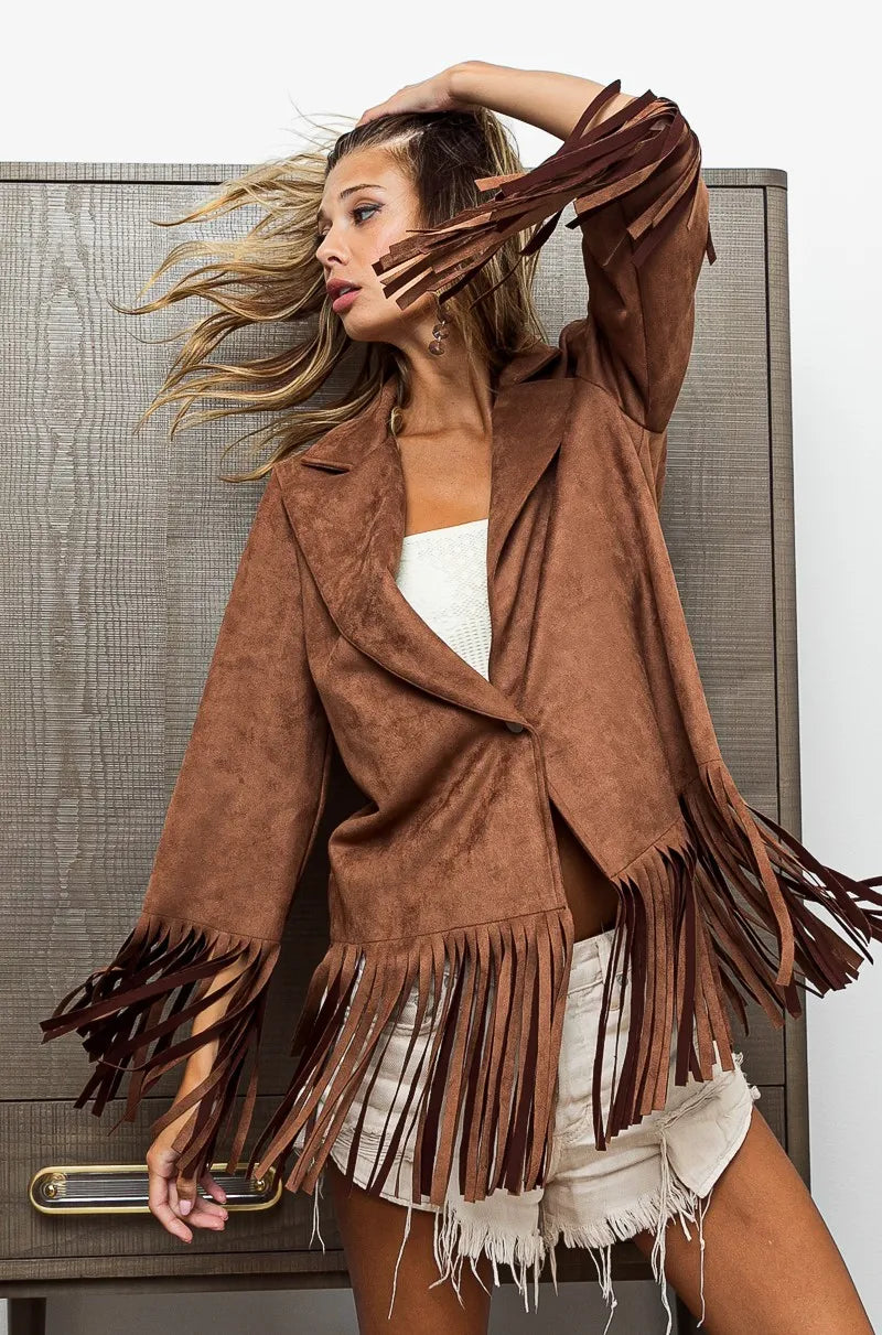 BiBi Suede Single Blazer with Fringed Hem