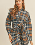 Mable Plaid Flannel Front Tie Button Down Shirt Dress