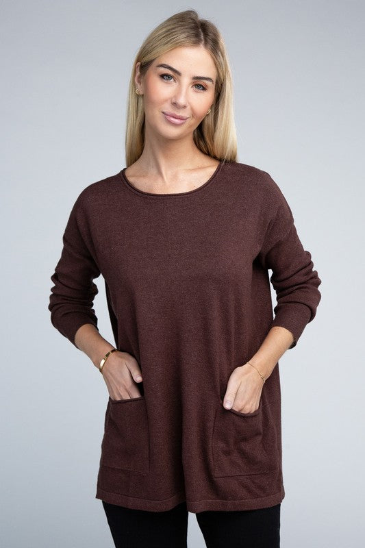 Zenana Viscose Front Pockets Sweater