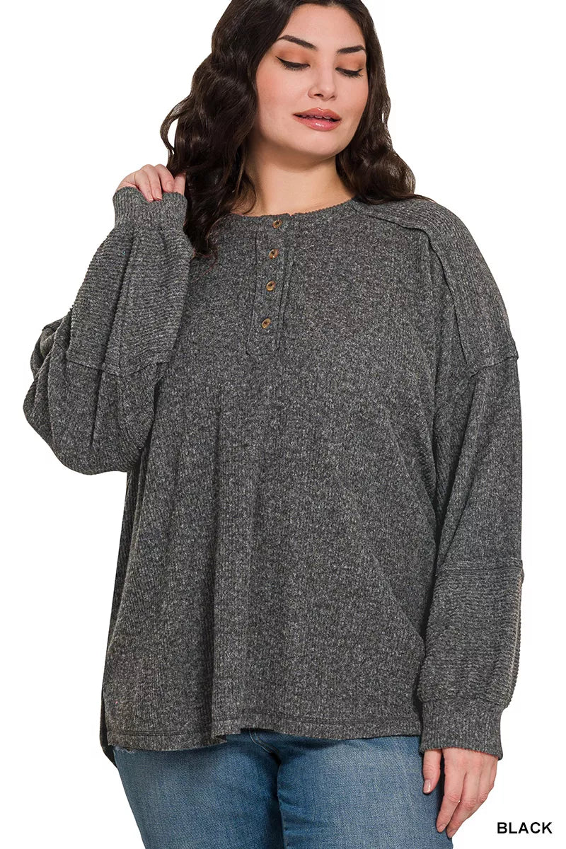 Zenana Full Size Ribbed Brushed Hacci Melange Henley Sweater Plus Size