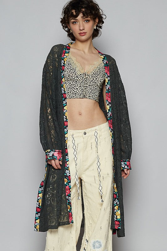 POL Floral Trim Lace Open Front Longline Cardigan