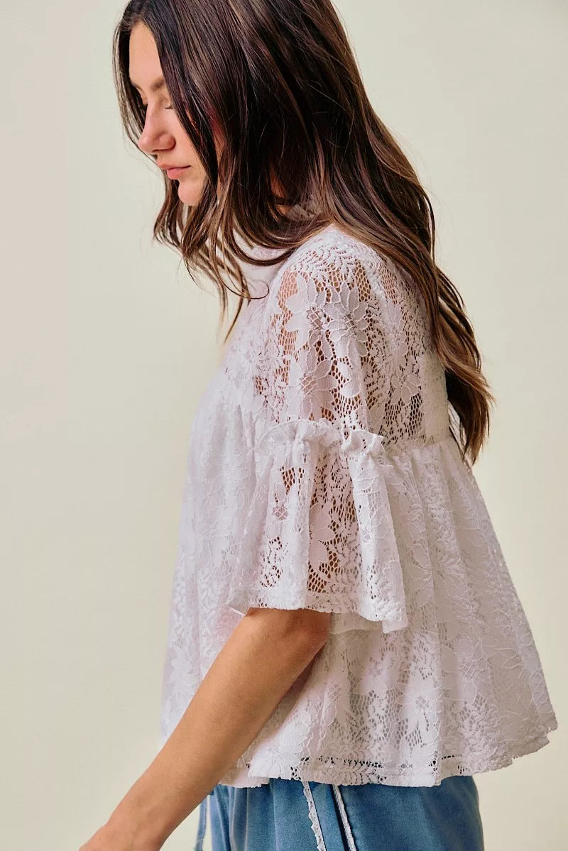 SO ME Lace Ruffled Short Sleeves Swing Top
