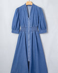 Denim Shirred Waist Zip-Up V-Neck Midi Dress