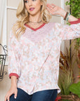 Celeste Full Size Leaf Print Contrast Trim Balloon Sleeve Top