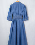 Denim Shirred Waist Zip-Up V-Neck Midi Dress