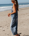 Solid Denim Distressed Bib Pocket Wide Leg Overall