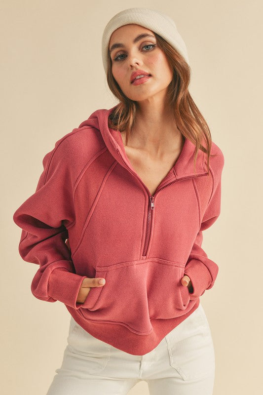 Aemi + Co Half Zip Raglan Sleeve Hoodie with Kangaroo Pocket