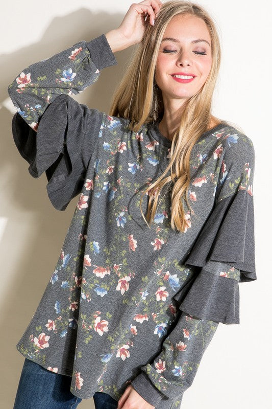 e Luna Floral Mixed Long Sleeve Ruffle Top