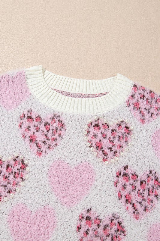 Valentine Leopard Heart Pearl Beaded Fuzzy Sweater