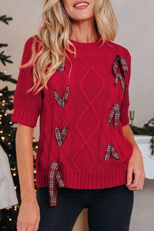 Christmas Plaid Lace-Up Puff Sleeve Sweater